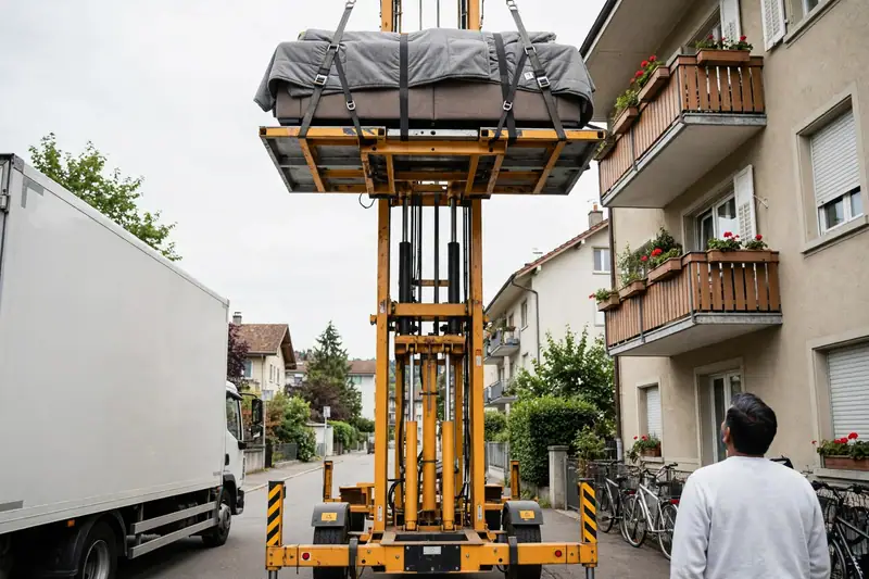 Ein Möbellift hebt ein gesichertes Sofa über den Balkon aus einem oberen Stockwerk.