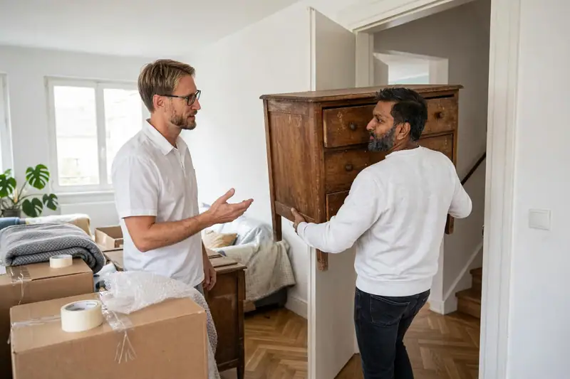 Ein Umzugsberater stimmt mit einem Helfer die Räumung einer Wohnung ab.