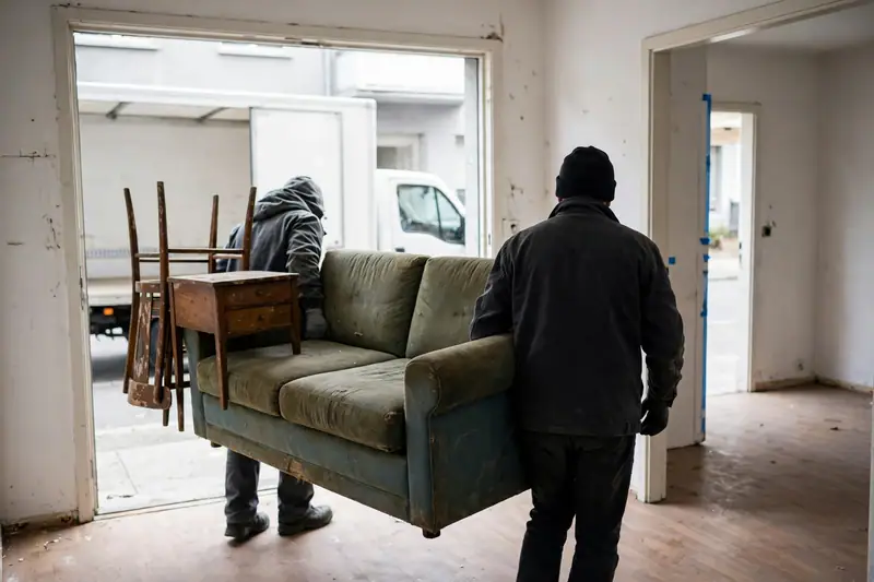 Umzugshelfer tragen bei einer Wohnungsräumung ein altes Sofa zum Lastwagen.