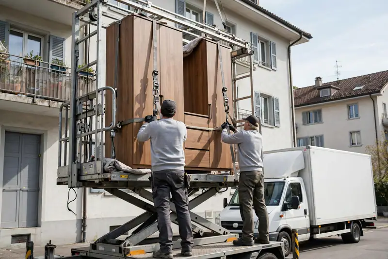 Umzugsmitarbeiter sichern einen Schrank auf der Plattform eines Möbellifts.