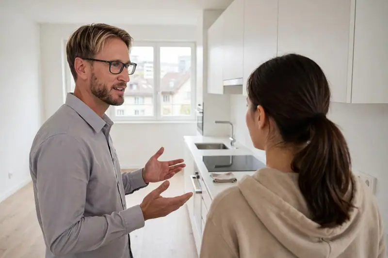 Berater und Kundin prüfen die Wohnung.