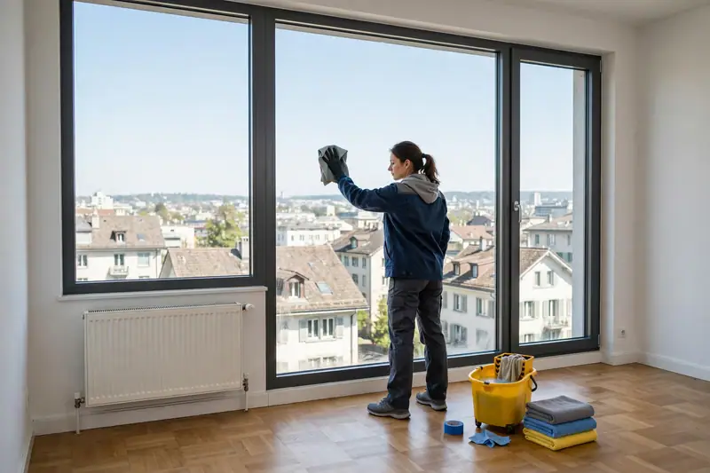 Eine Reinigungskraft putzt ein Fenster.