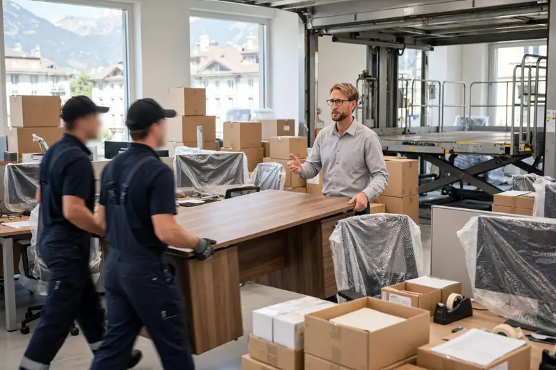 Umzugsmitarbeiter tragen einen Büroschreibtisch aus einem Büro, während ein Berater den Firmenumzug koordiniert.
