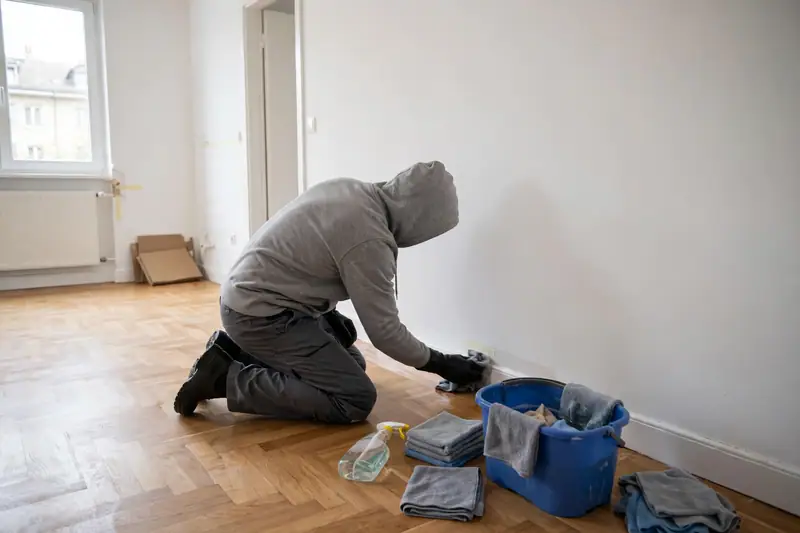 Eine Reinigungskraft wischt bei der Umzugsreinigung den Bodenrand.