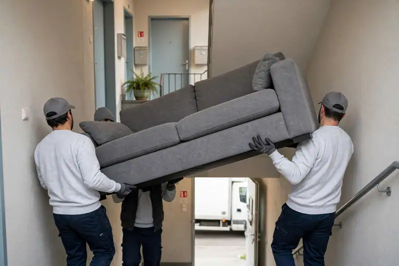Ein Umzugsteam trägt ein Sofa durch das Treppenhaus.